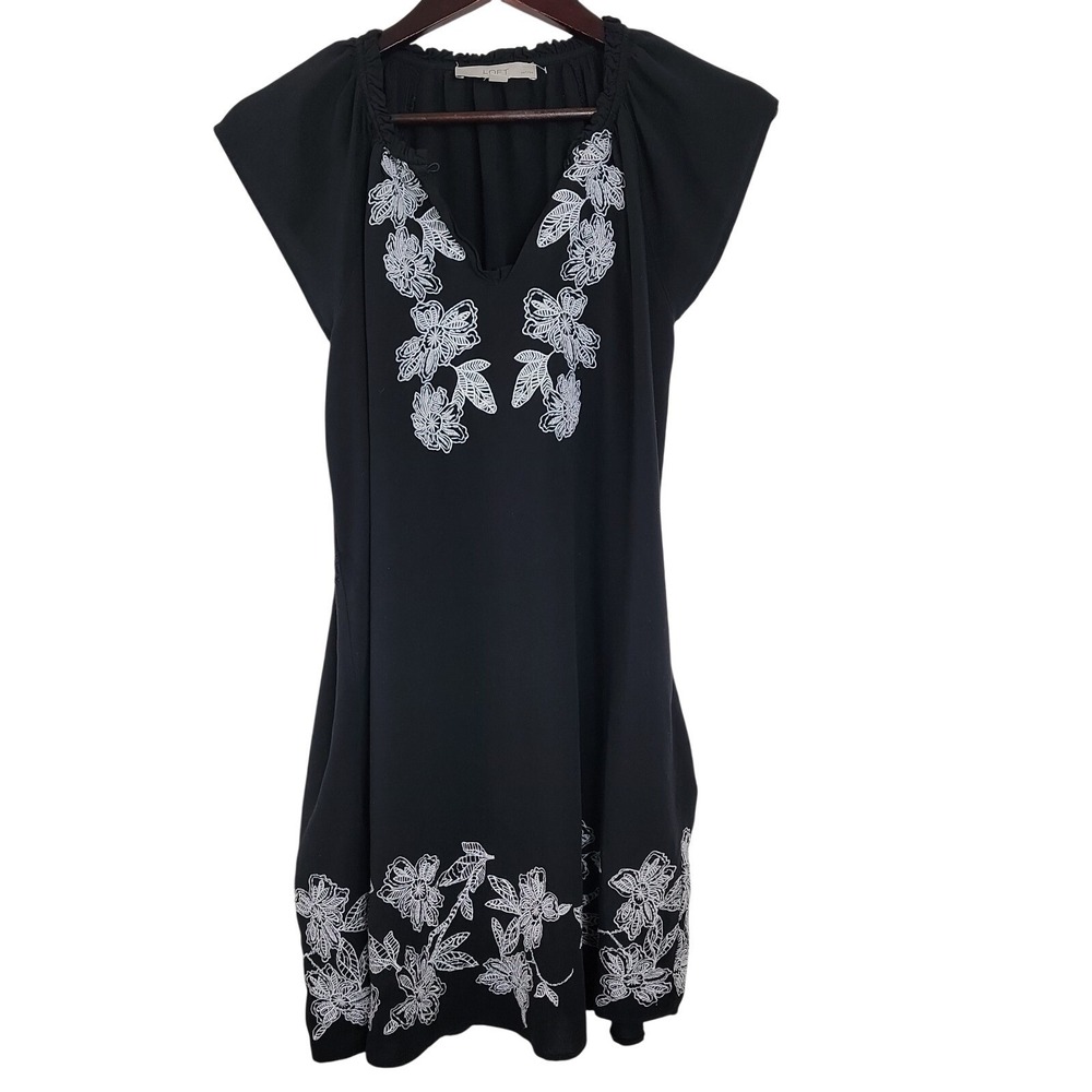LOFT Ann Taylor Petite Medium Black‎ Embroidered Dress Lightweight Boho No Belt
